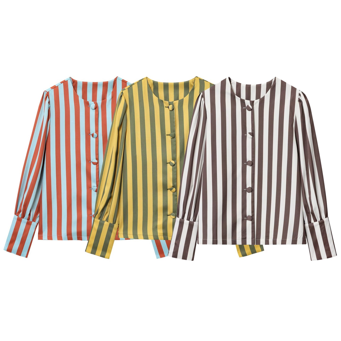 Round neck versatile striped bubble sleeve top