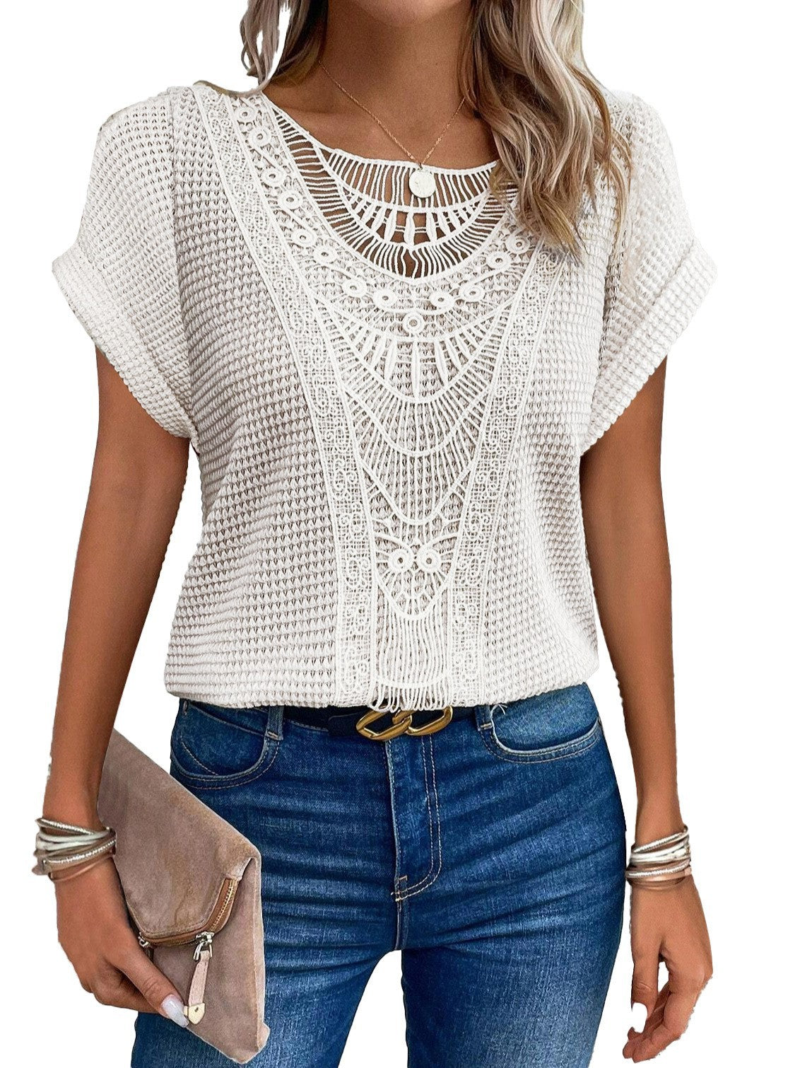 New independent station lace patchwork short sleeved t-shirt for cross-border women's wear