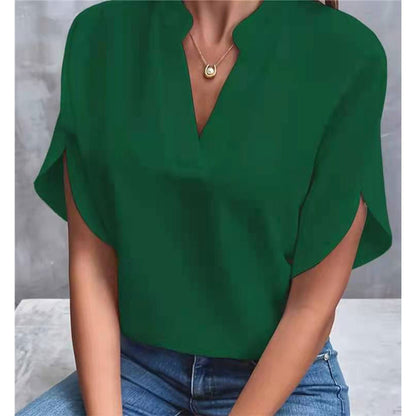 Casual Solid Color V-Neck Loose Shirt Top for Women