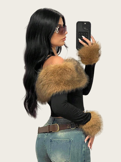 Chic Faux Fur Collar Off-Shoulder Long Sleeve Women's T-Shirt, Fashion Streetwear, Slim Fit, Casual Top for Spring and Autumn