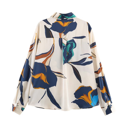 Commuting style floral print silk textured shirt