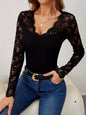 Fan-shaped V-neck Lace Spliced Slim Fit T-shirt Long Sleeve Top for Women