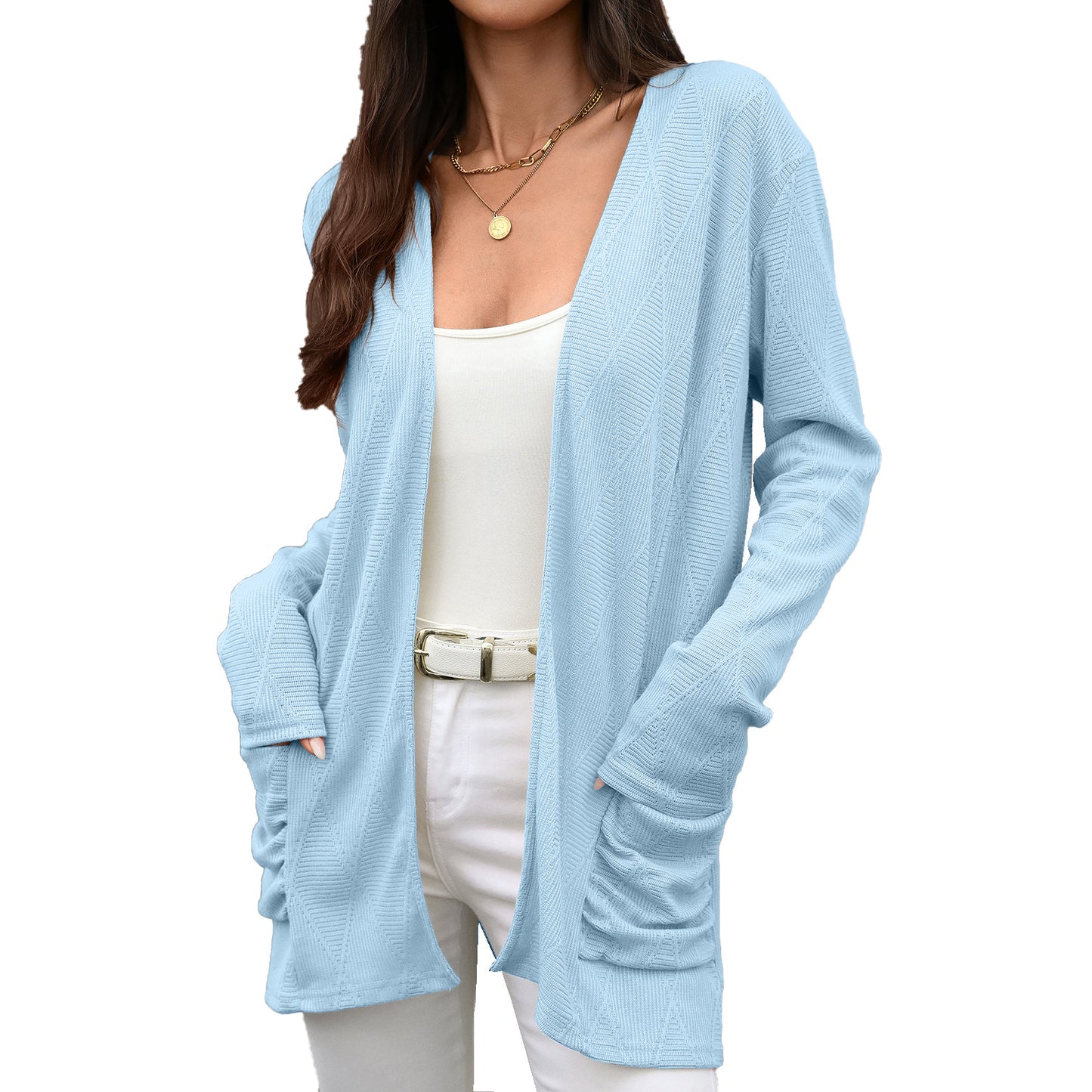 Solid color long sleeved pocket top for women