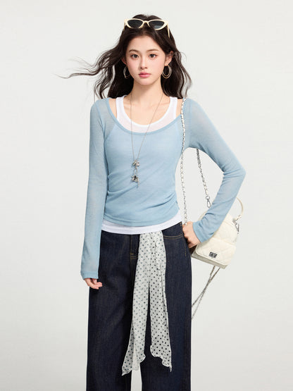 Color Block False Two-Piece Spliced Long Sleeve T-Shirt for Women,  Pleated Slim Fit, Elegant and Stylish Top