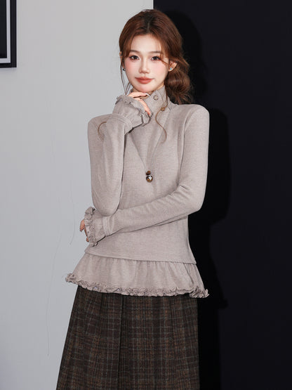 Chic Ruffled Hem High Neck Thick Long Sleeve T-Shirt for Women, Slim Fit Inner Layer Layering Basic Top