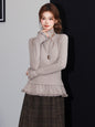 Chic Ruffled Hem High Neck Thick Long Sleeve T-Shirt for Women, Slim Fit Inner Layer Layering Basic Top