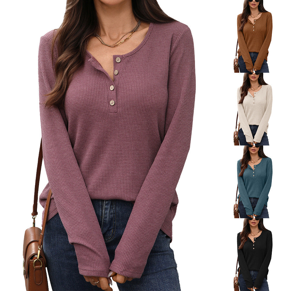 Solid color round neck button loose long sleeved T-shirt top for women