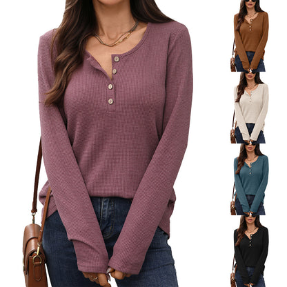 Solid color round neck button loose long sleeved T-shirt top for women