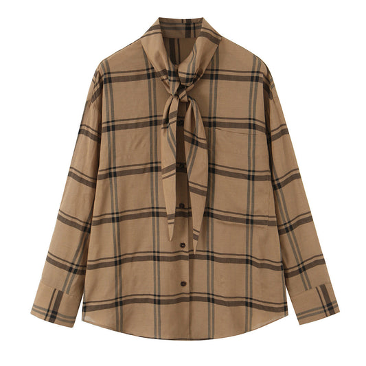 Versatile scarf collar checkered shirt