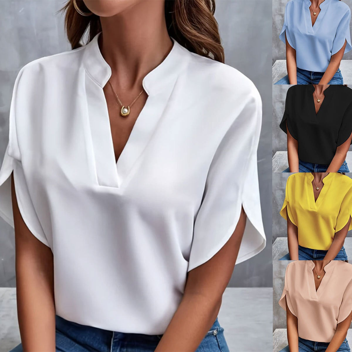Casual Solid Color V-Neck Loose Shirt Top for Women
