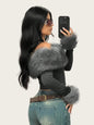 Chic Faux Fur Collar Off-Shoulder Long Sleeve Women's T-Shirt, Fashion Streetwear, Slim Fit, Casual Top for Spring and Autumn
