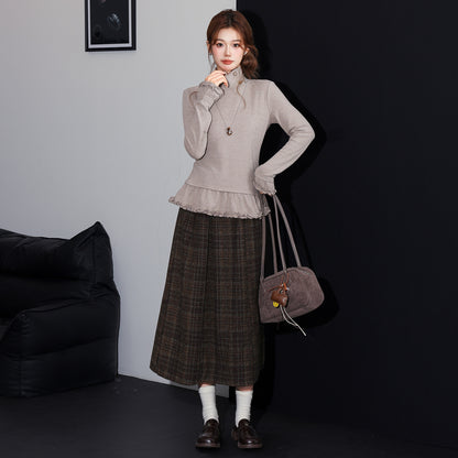 Chic Ruffled Hem High Neck Thick Long Sleeve T-Shirt for Women, Slim Fit Inner Layer Layering Basic Top