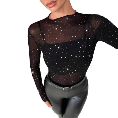 Long Sleeve Mesh Transparent Rhinestone Decorated T-Shirt with Small Stand Collar for Women