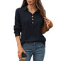 Solid color lapel button loose long sleeved top for women