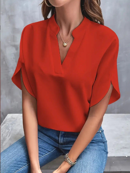 Casual Solid Color V-Neck Loose Shirt Top for Women