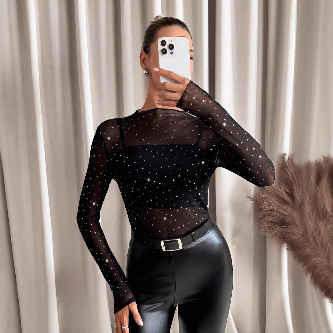 Long Sleeve Mesh Transparent Rhinestone Decorated T-Shirt with Small Stand Collar for Women