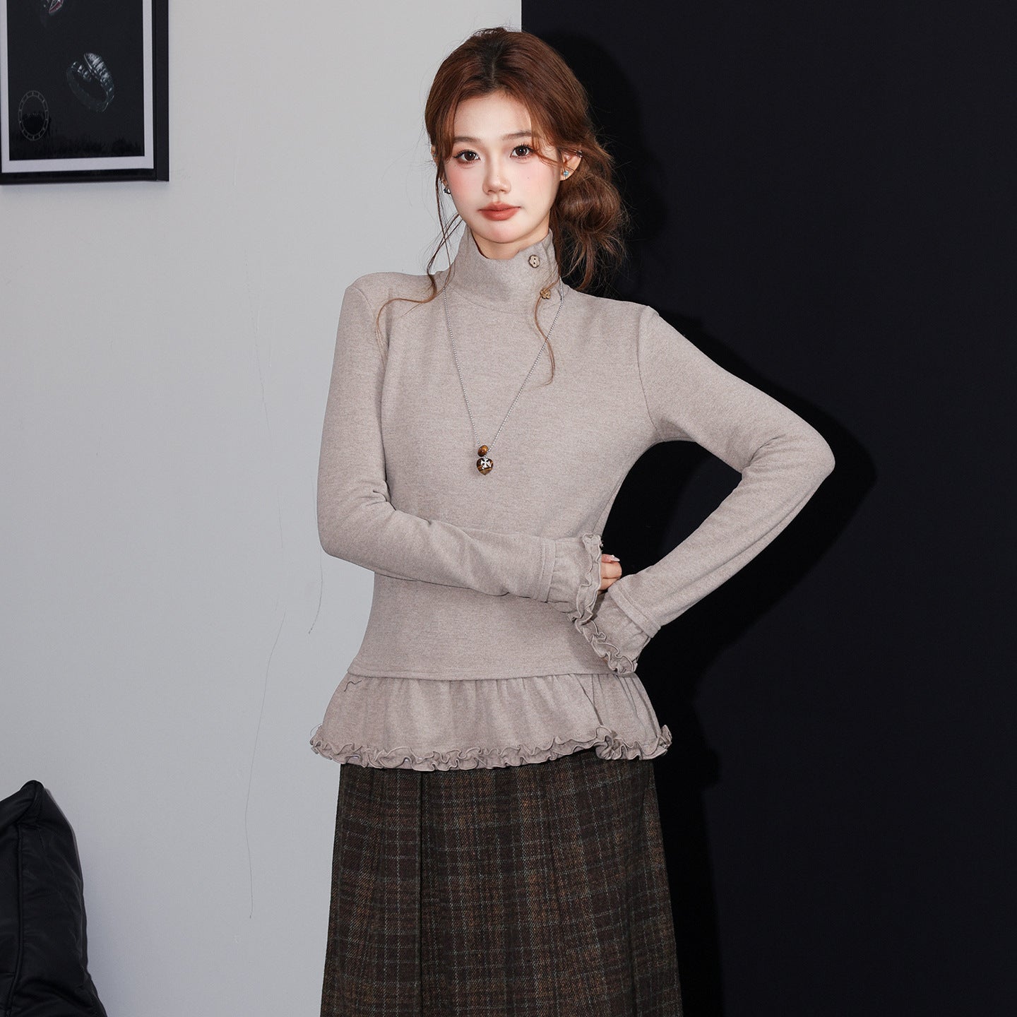 Chic Ruffled Hem High Neck Thick Long Sleeve T-Shirt for Women, Slim Fit Inner Layer Layering Basic Top