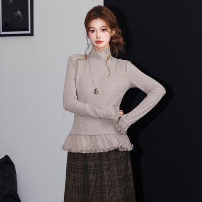 Chic Ruffled Hem High Neck Thick Long Sleeve T-Shirt for Women, Slim Fit Inner Layer Layering Basic Top
