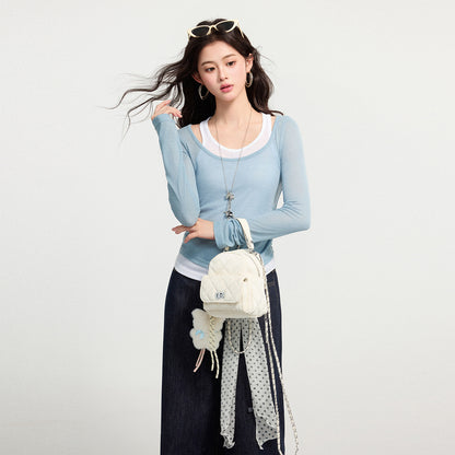 Color Block False Two-Piece Spliced Long Sleeve T-Shirt for Women,  Pleated Slim Fit, Elegant and Stylish Top