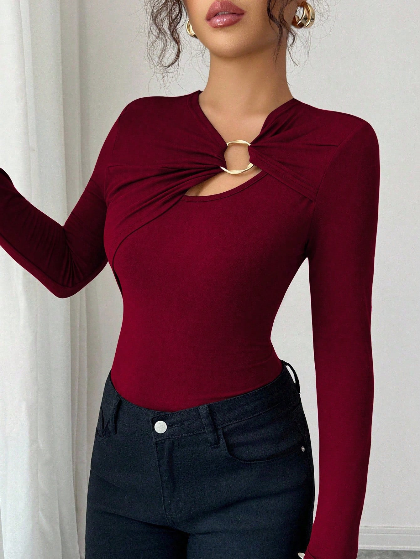 Asymmetric Hollow-out Metal Decorated Slim Fit Women's Autumn Top