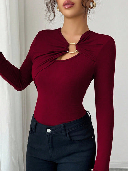 Asymmetric Hollow-out Metal Decorated Slim Fit Women's Autumn Top
