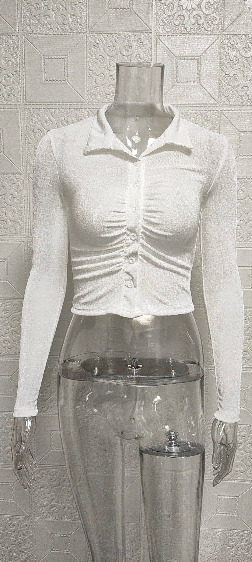 Fashion Sexy Crop Top with Open Front Turn-Down Collar Long Sleeve Shirt for Women