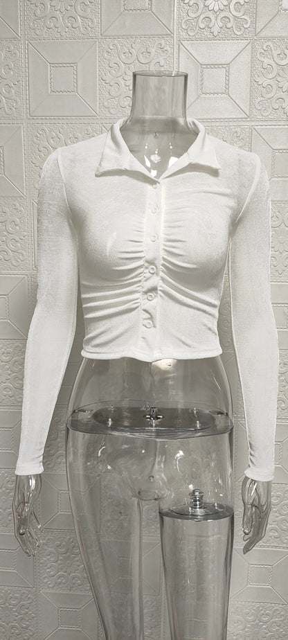 Fashion Sexy Crop Top with Open Front Turn-Down Collar Long Sleeve Shirt for Women