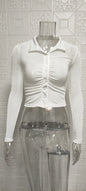 Fashion Sexy Crop Top with Open Front Turn-Down Collar Long Sleeve Shirt for Women