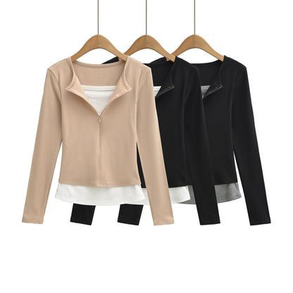 Splicing fake two piece sports long sleeved T-shirt