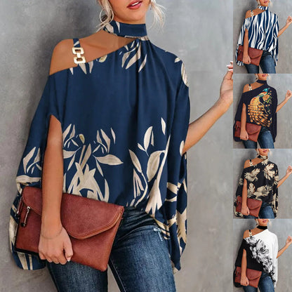 Summer Strapless Batwing Sleeve Printed Shirt Women's Blouse Lady Top