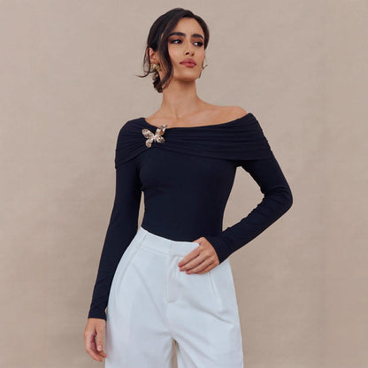 One shoulder butterfly brooch design slim fit long sleeved women's top