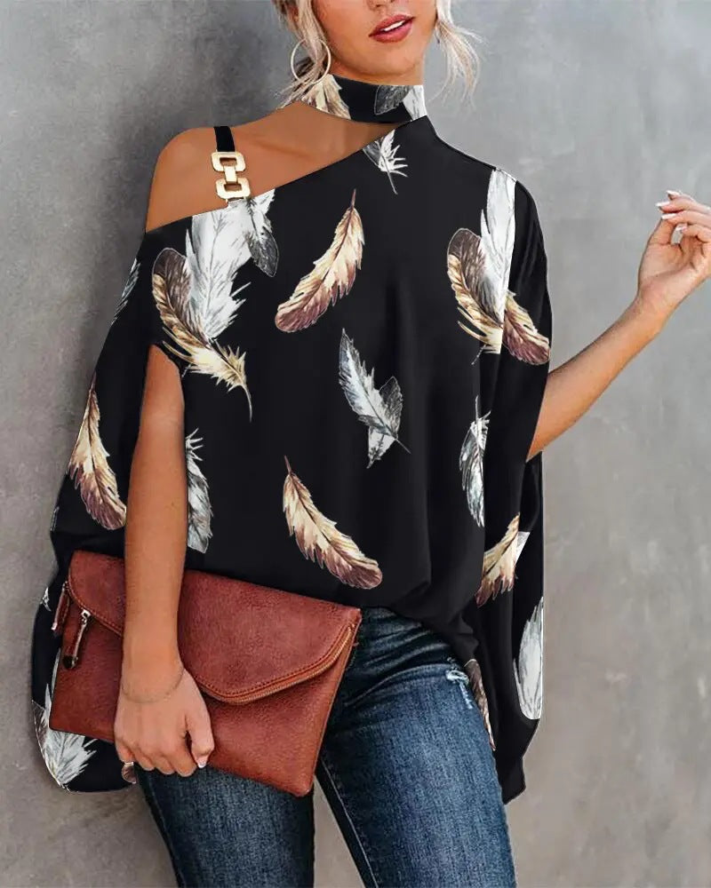 Summer Strapless Batwing Sleeve Printed Shirt Women's Blouse Lady Top