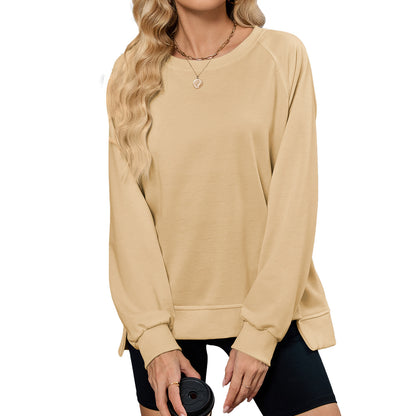 Simple Solid Color Ribbed Crew Neck Long Sleeve Loose Sweatshirt Women's Top