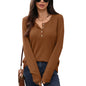 Solid color round neck button loose long sleeved T-shirt top for women