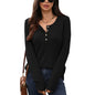 Solid color round neck button loose long sleeved T-shirt top for women