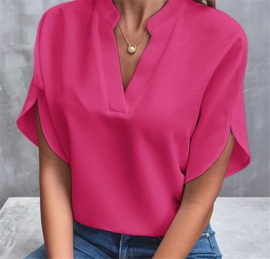 Casual Solid Color V-Neck Loose Shirt Top for Women