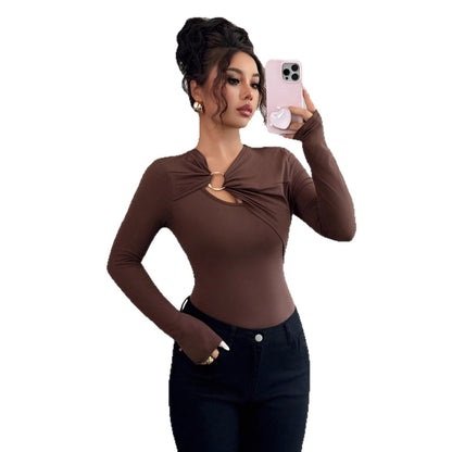 Asymmetric Hollow-out Metal Decorated Slim Fit Women's Autumn Top