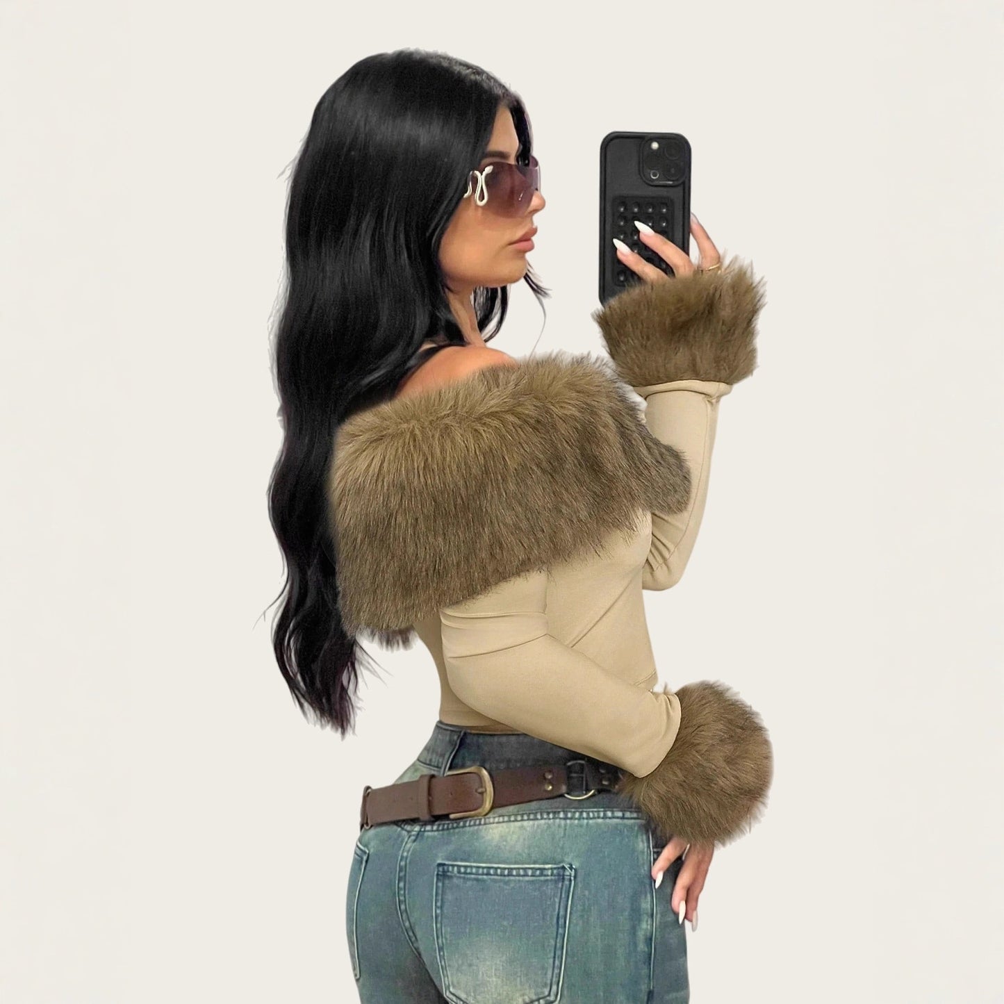 Chic Faux Fur Collar Off-Shoulder Long Sleeve Women's T-Shirt, Fashion Streetwear, Slim Fit, Casual Top for Spring and Autumn