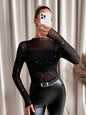 Long Sleeve Mesh Transparent Rhinestone Decorated T-Shirt with Small Stand Collar for Women