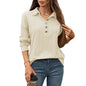 Solid color lapel button loose long sleeved top for women