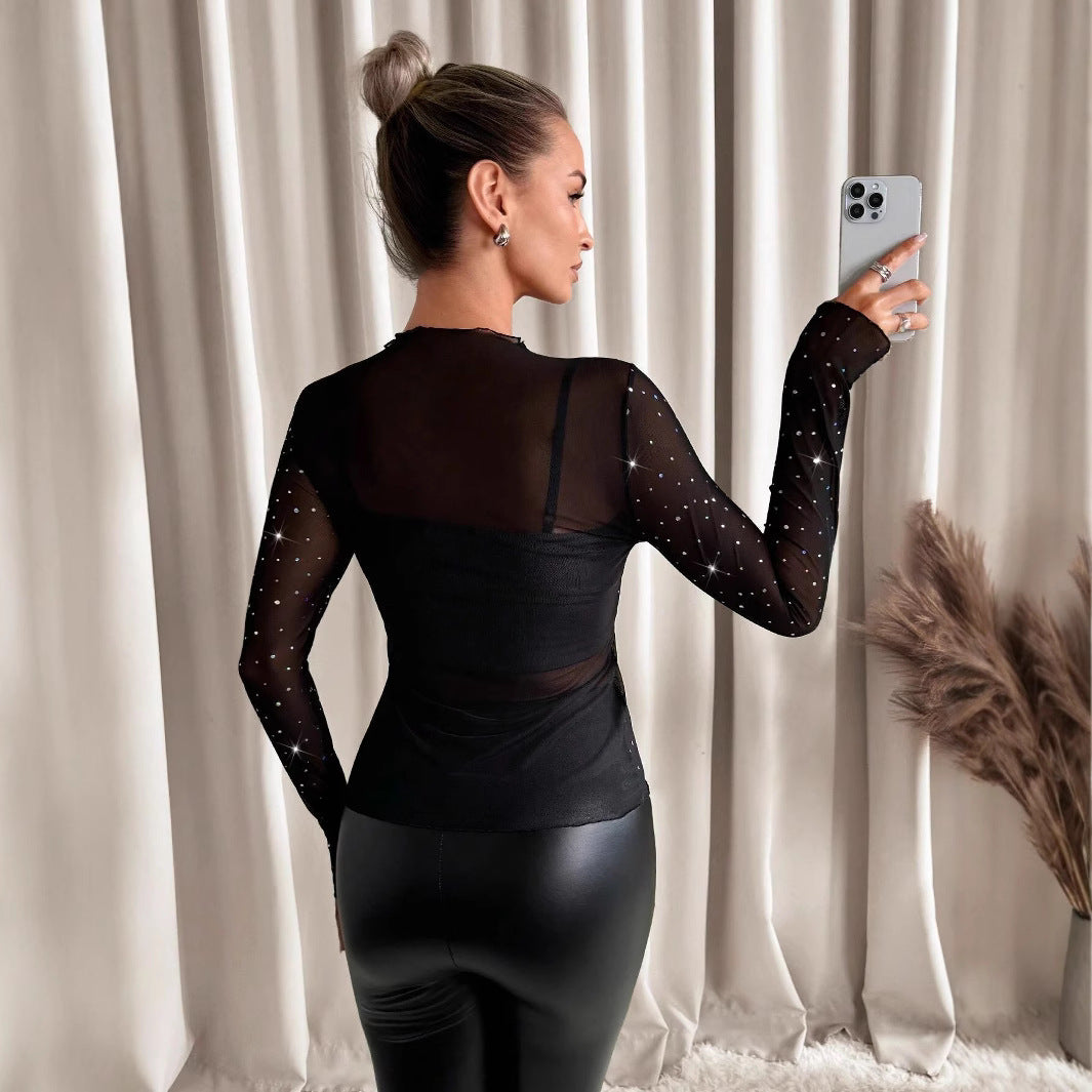 Long Sleeve Mesh Transparent Rhinestone Decorated T-Shirt with Small Stand Collar for Women