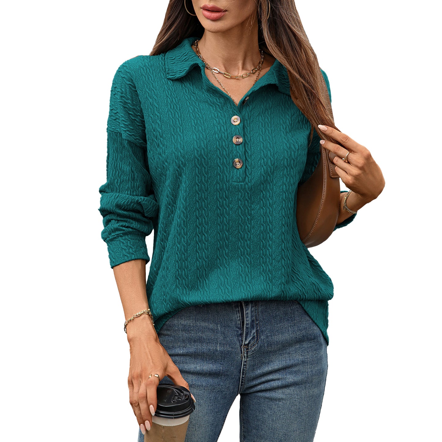 Solid color lapel button loose long sleeved top for women