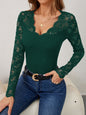 Fan-shaped V-neck Lace Spliced Slim Fit T-shirt Long Sleeve Top for Women