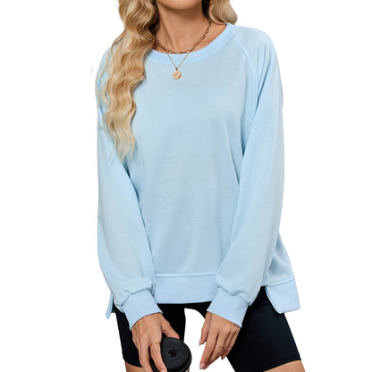 Simple Solid Color Ribbed Crew Neck Long Sleeve Loose Sweatshirt Women's Top