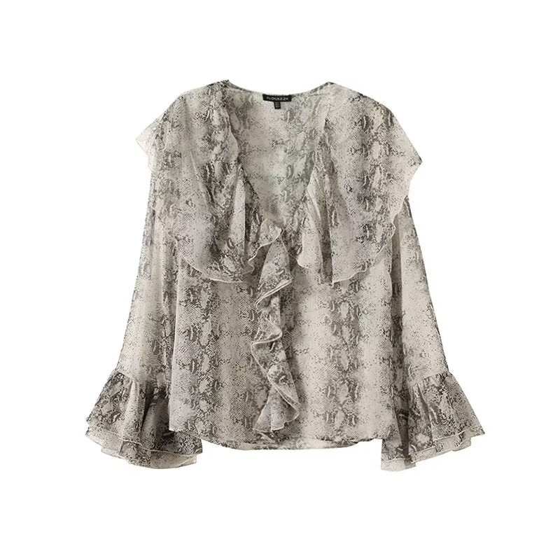 Gentle style design with snake print and ruffle edge V-neck shirt