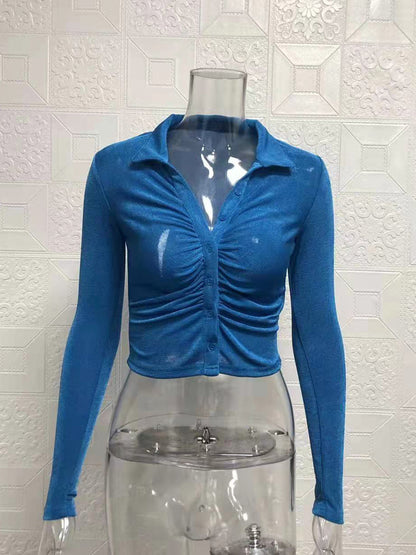 Fashion Sexy Crop Top with Open Front Turn-Down Collar Long Sleeve Shirt for Women
