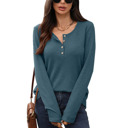 Solid color round neck button loose long sleeved T-shirt top for women