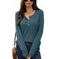 Solid color round neck button loose long sleeved T-shirt top for women
