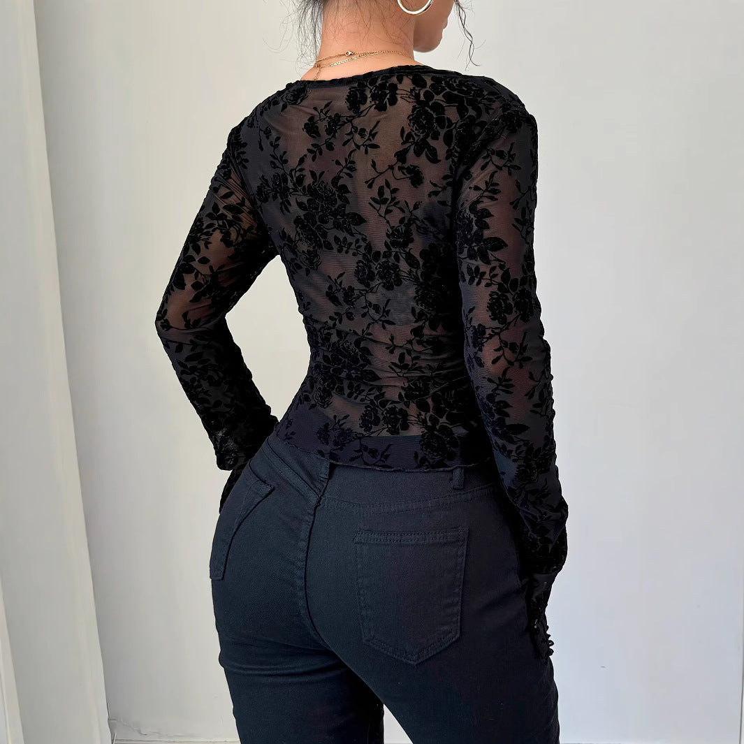 V-neck lace spliced mesh flare sleeve T-shirt for women