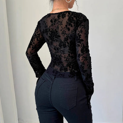 V-neck lace spliced mesh flare sleeve T-shirt for women